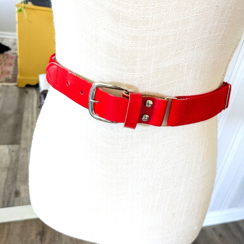 Retro Red Vintage Elastic Stretch Waist Belt Partly Leather Or Faux‎ Leather XS